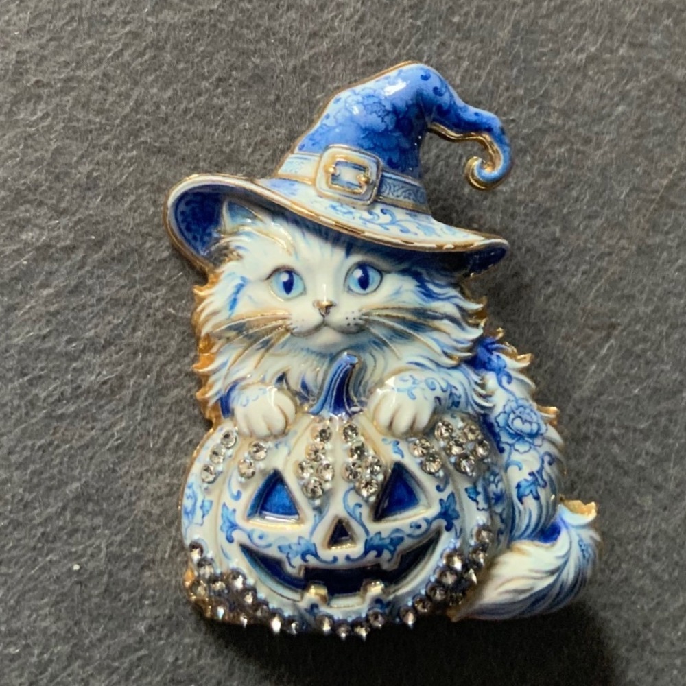 Blue Halloween Cat Brooch Rhinestone Wizard Hat Pumpkin Pin